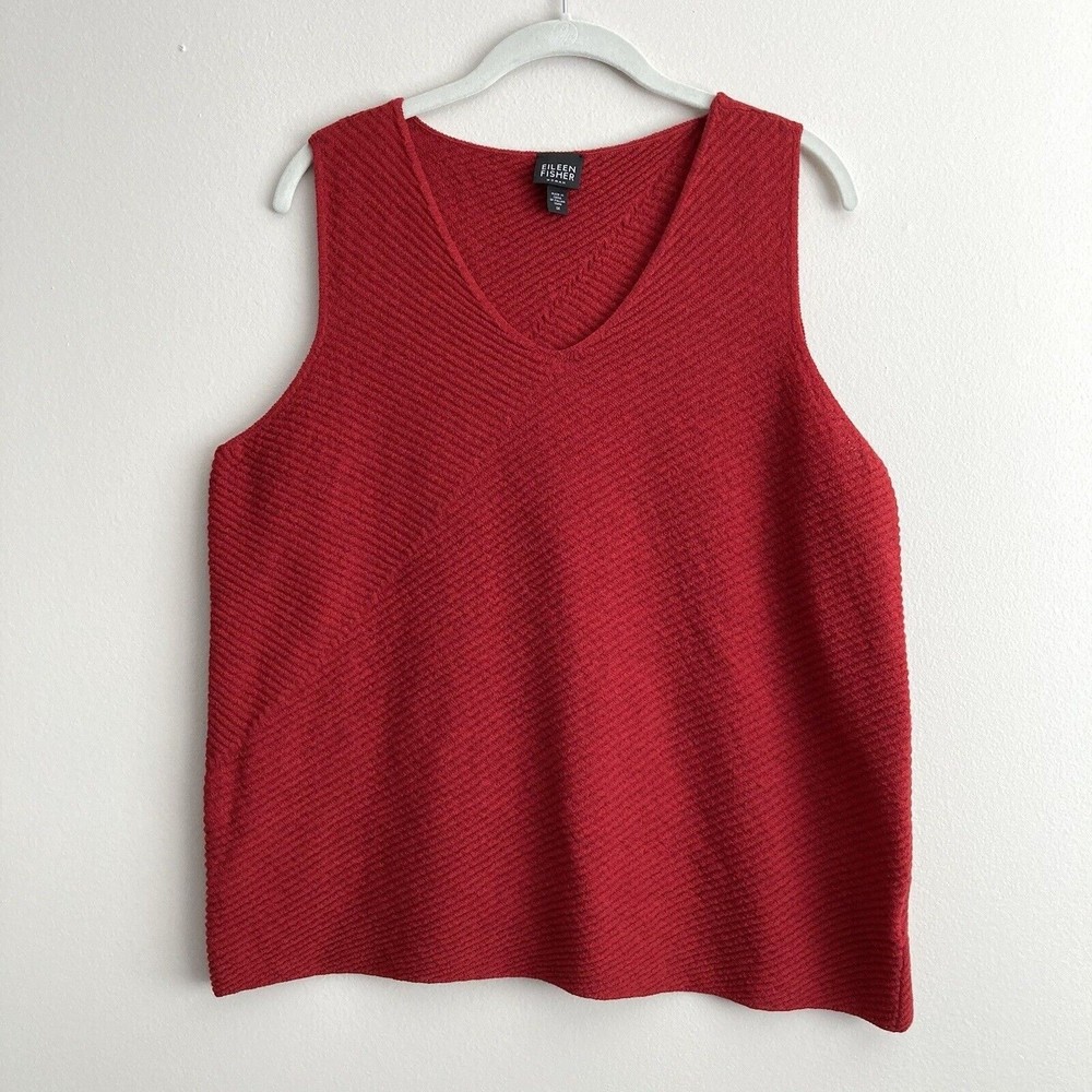 Eileen Fisher Womens Plus Red Wool V Neck Knit Pullover Sweater Top Size 1X